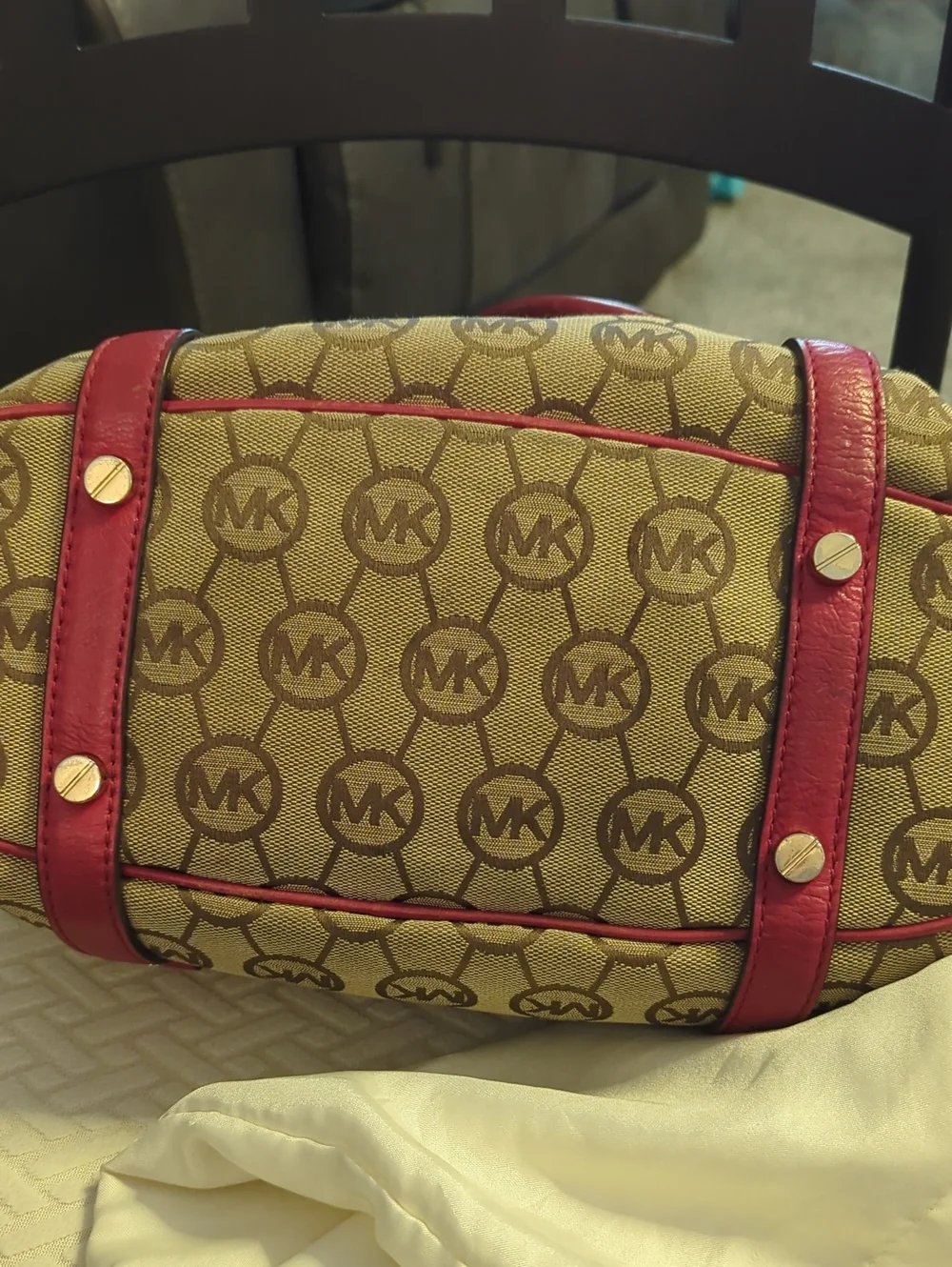 Michael Kors Jet Set Signature Logo Satchel in Brown with Red Trim